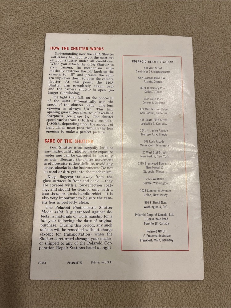 Polaroid Camera Model 440A Manual