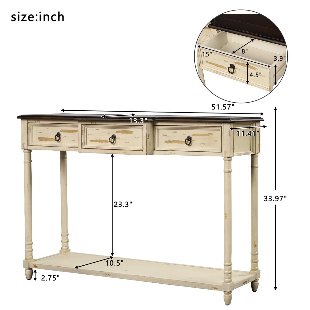 Vintage 52" Entryway Console Table Storage Kitchen Sideboard w/ 3 Drawer Shelf