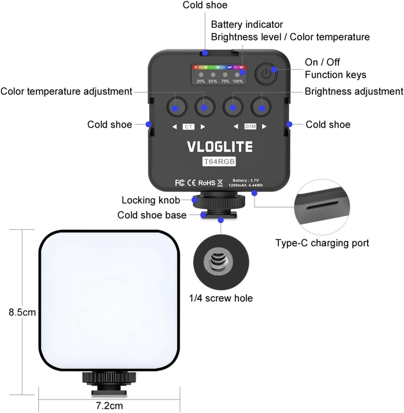 Pocket Camera Video Light RGB 2500K-9000K, Rechargeable Full Color , CRI 95