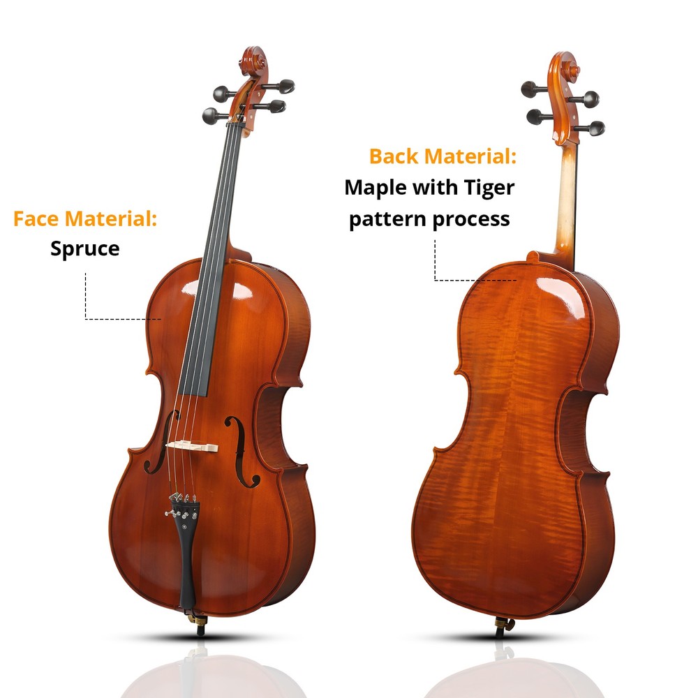 4/4 Natural Spruce Cello, Tiger Pattern, with Bag, Bow, Rosin, Bridge, Strings