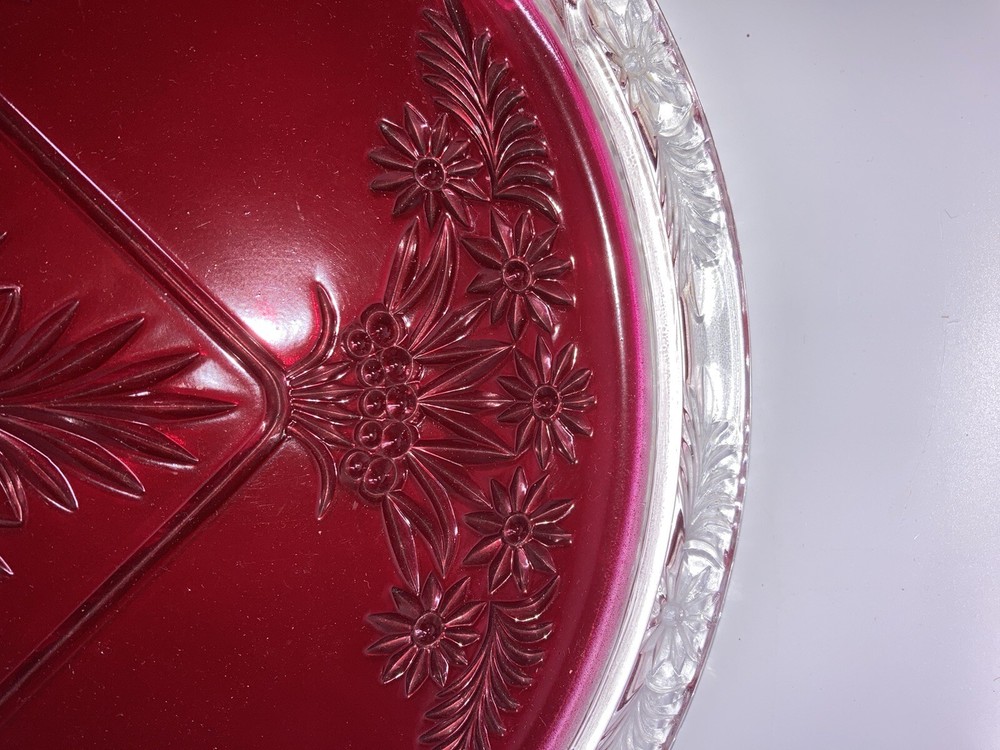 Vintage Mercury Silver Ruby Red Platter Stand Goofus Glass Beautiful