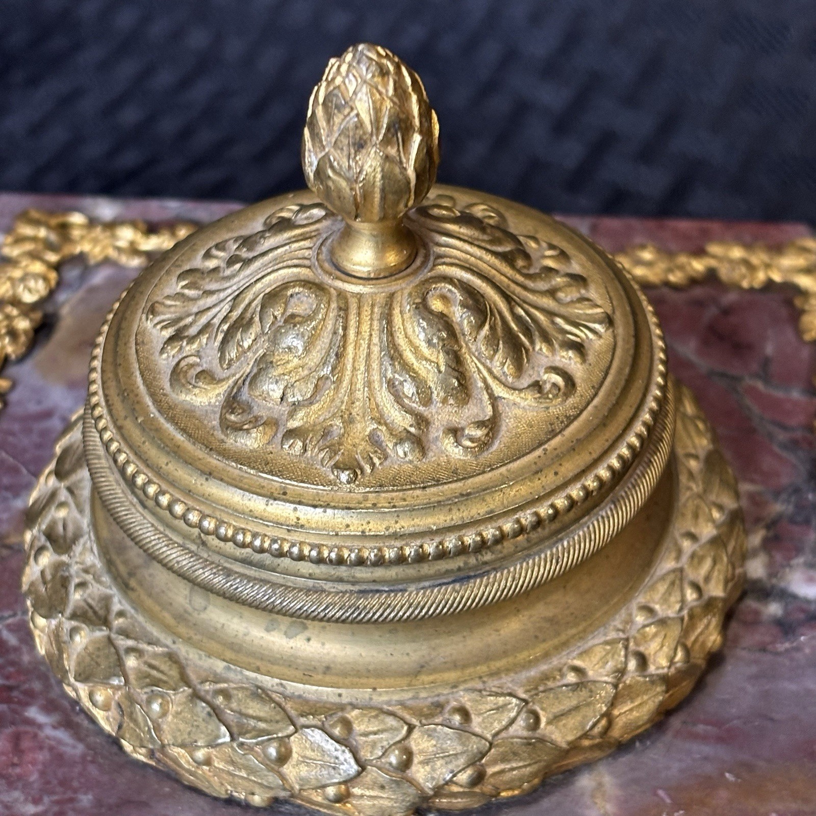 Antique French Rouge Marble Gilt Bronze Inkwell Empire Style