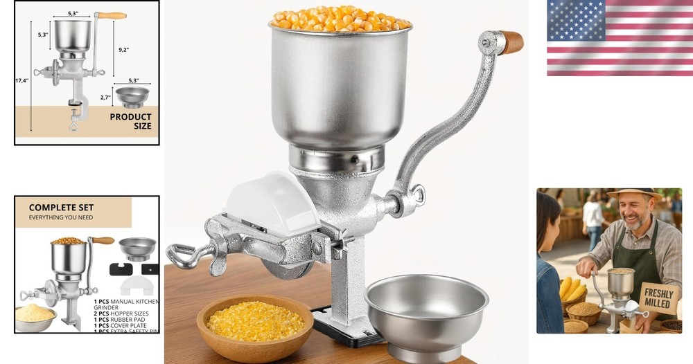 Silver Cast Iron Hand Crank Grain Grinder – Durable and Versatile for Kitchens