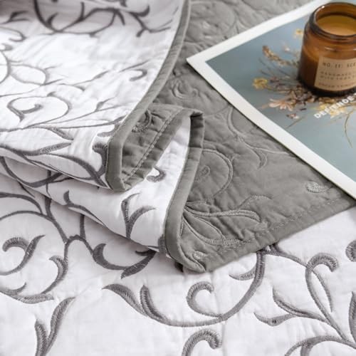 Size Quilt 3-Piece Grey Embroidery Floral Pattern King 1 - Pattern # Grey