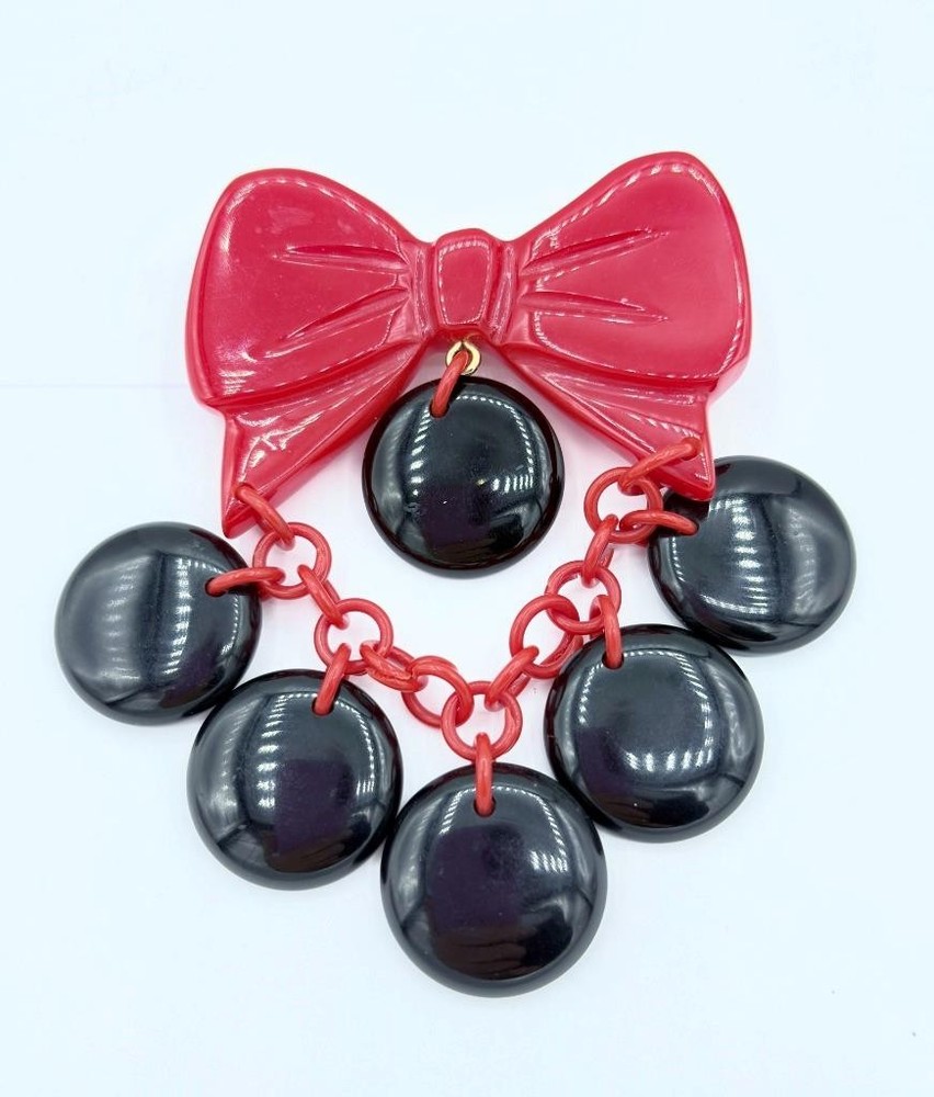 Vintage Signed Shultz Bakelite Big Red Bow & Black Dot Dangles Pin