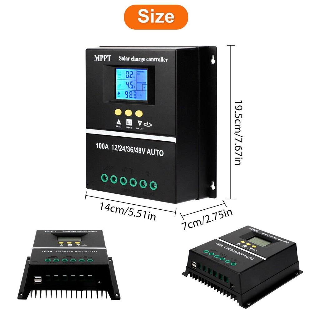 100A MPPT Solar Charge Controller - Auto 12V/24V/36V/48V, Large LCD, 7 Modes