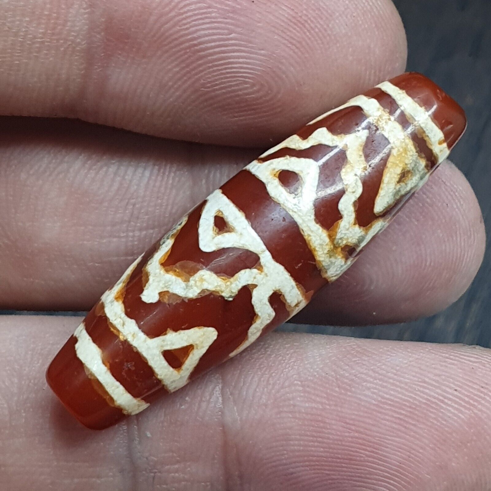 Antique Tibetan Nepalese RED Etched Agate Bead Decorated Carnelian Beads ETC-2