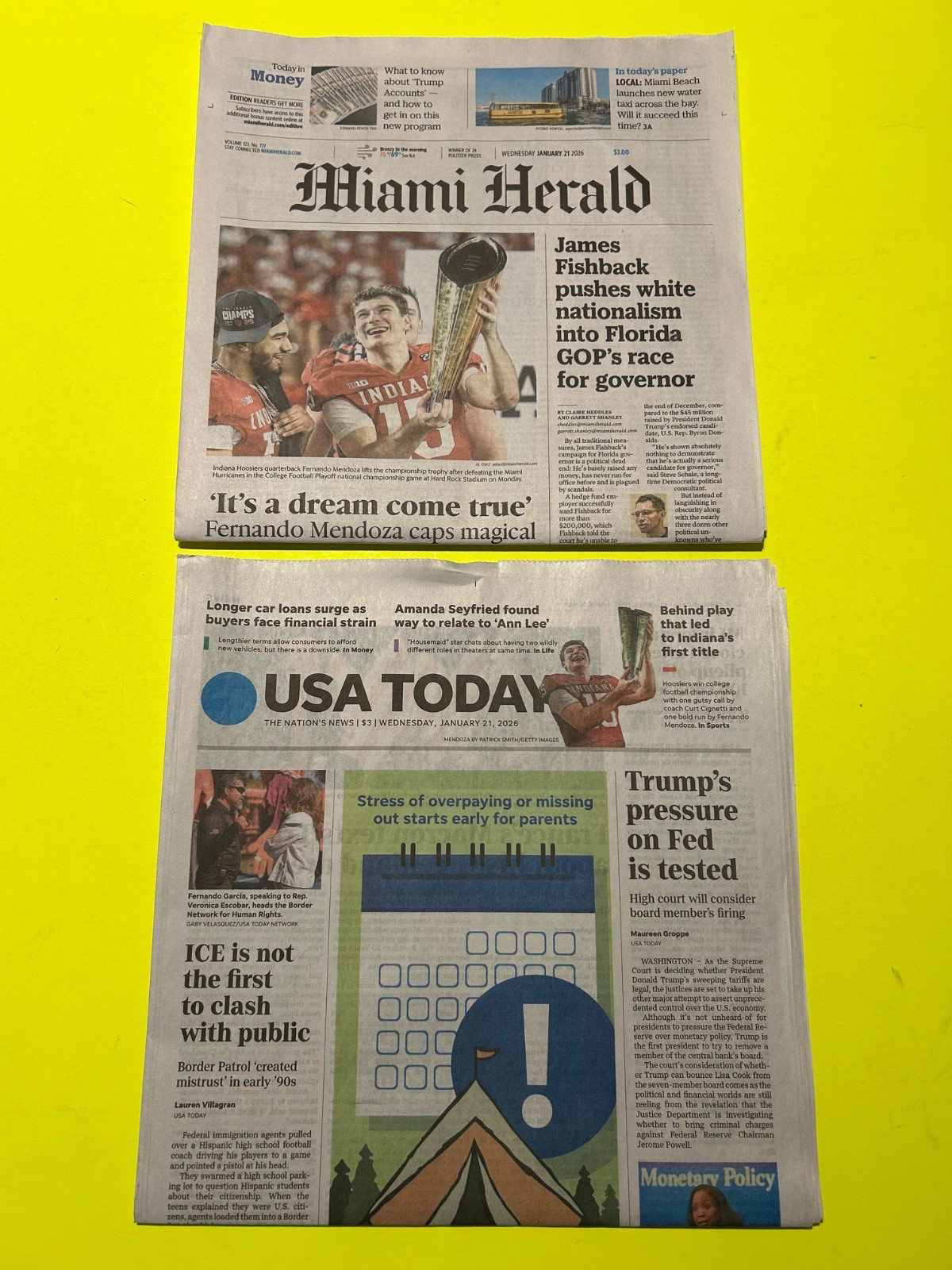 USA Today & Miami Herald INDIANA HOOSIERS FERNANDO MENDOZA LOT OF 2 FROM 1/21/26