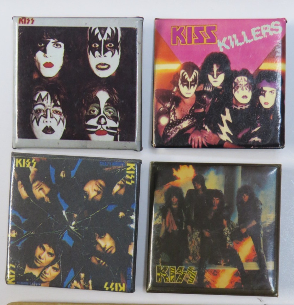 KISS VINTAGE 1980's SQUARE BUTTONS FROM CANADA - LOT OF 4 GROUP SET #11