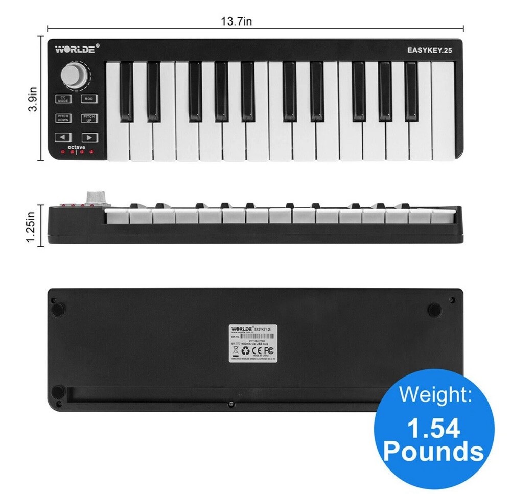 Worlde Easykey.25 Portable 25-Key Mini USB MIDI Keyboard Controller Programmable