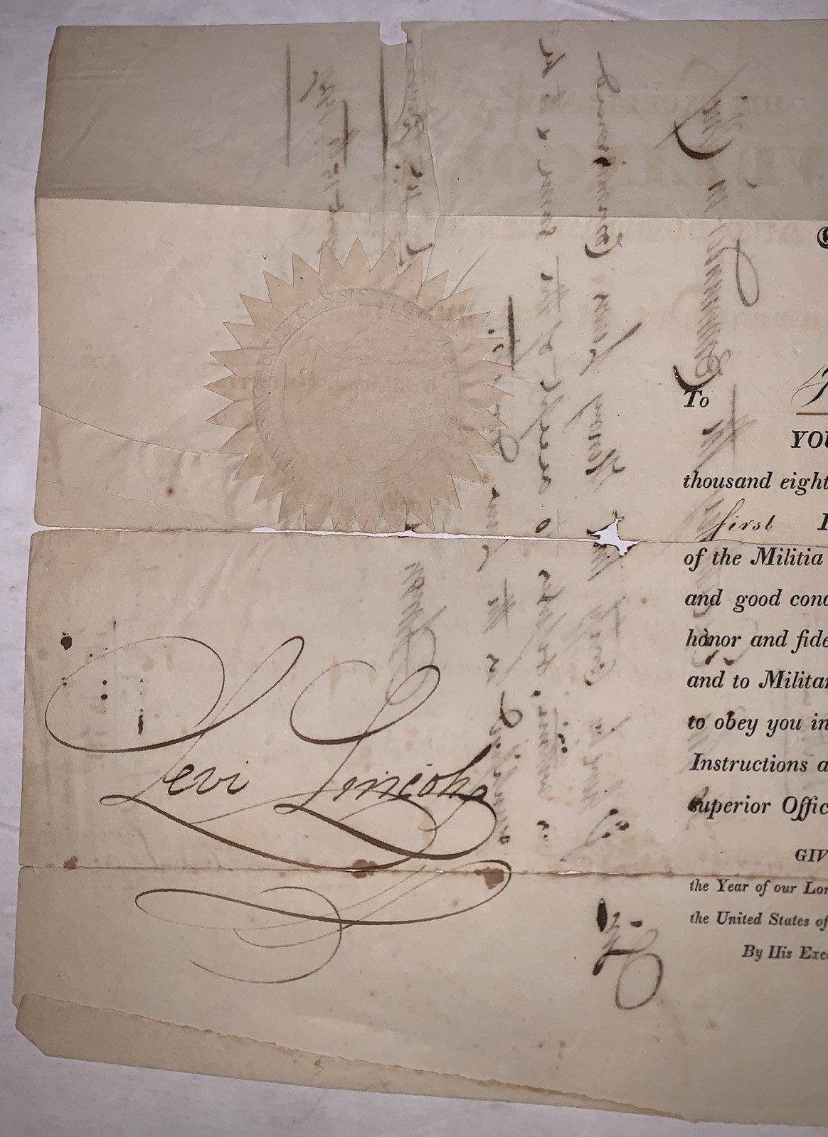 1828, SIGNED by LEVI LINCOLN, JR, MASSACHUSETTS MILITIA COMMISSION, w STATE SEAL