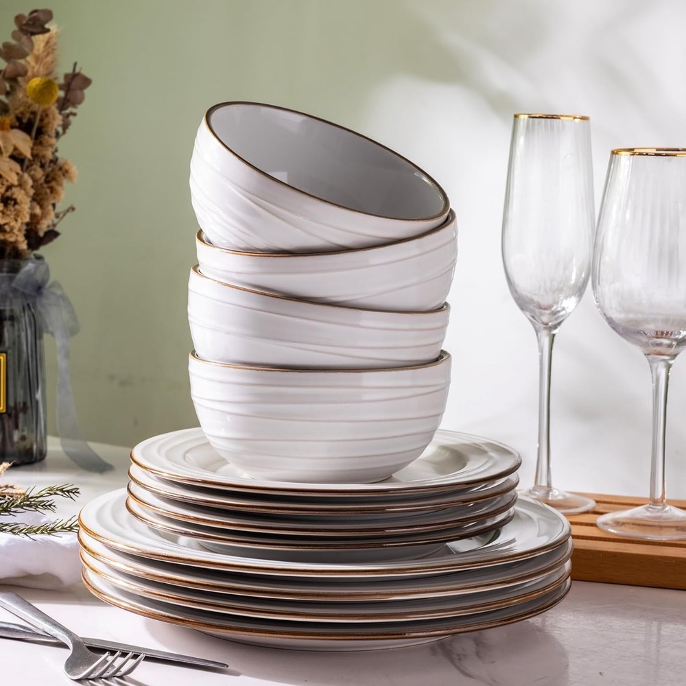 Ceramic Dinnerware Sets,18 pcs Embossed Elegant Stoneware Plates and Bowls Se...