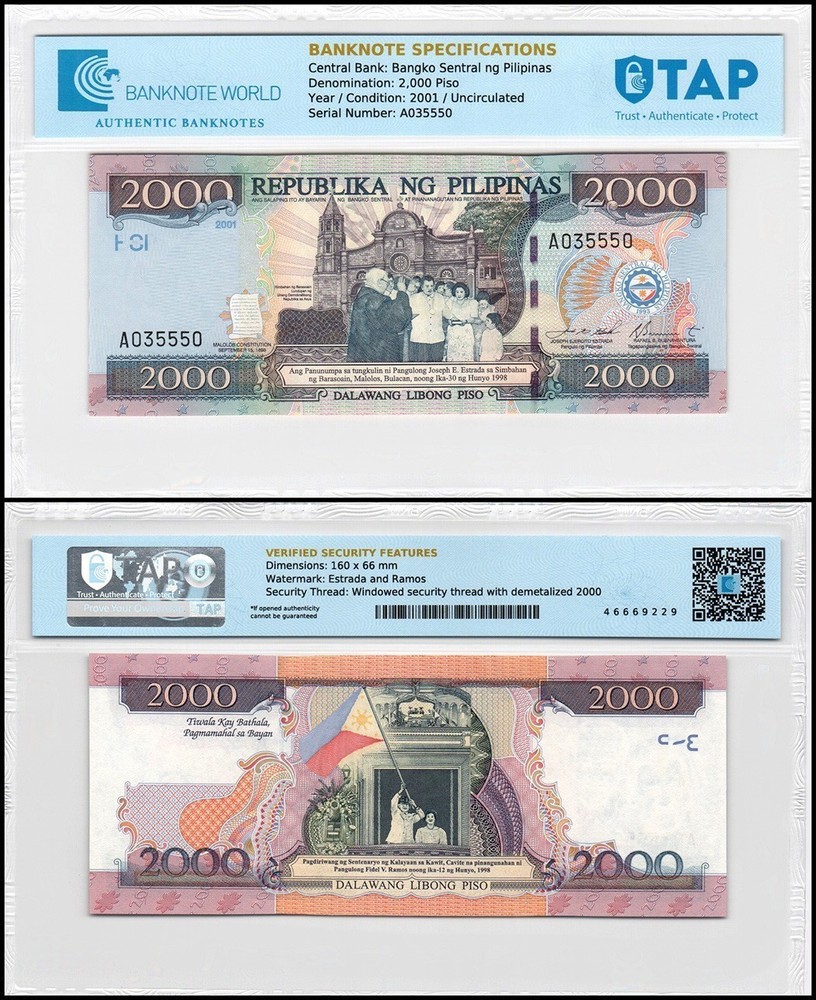 Philippines 2000 Piso, 2001, P-189c, UNC, Commemorative, TAP Authenticated