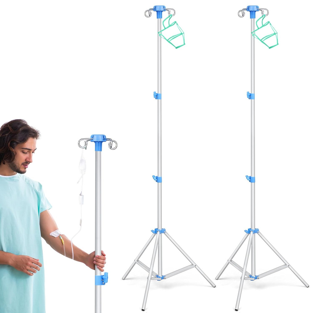 2 Pack Portable IV Pole Stand, Collapsible Adjustable IV Stand with 4 Hooks &...