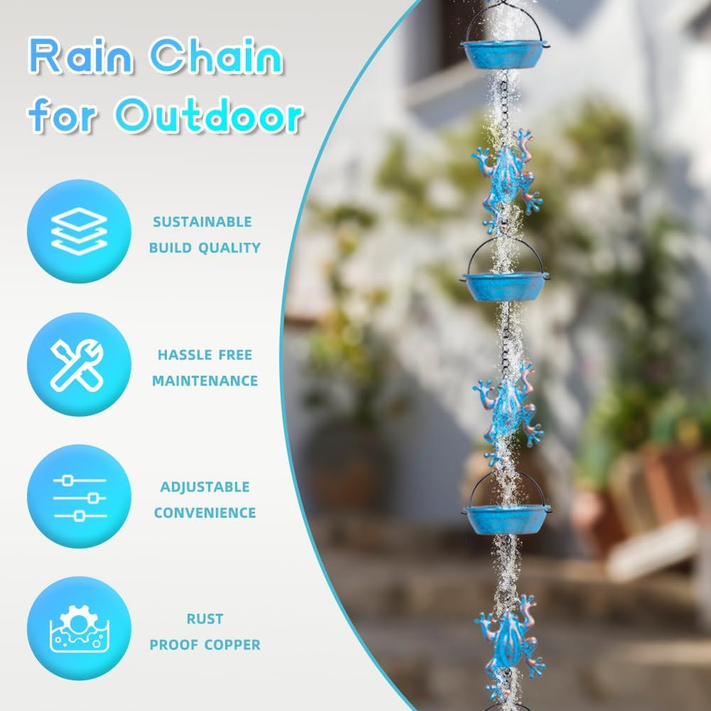 Rain Chain, 11.4FT Frog Rain Chains with 12 Cups, Functional and Decorative Repl