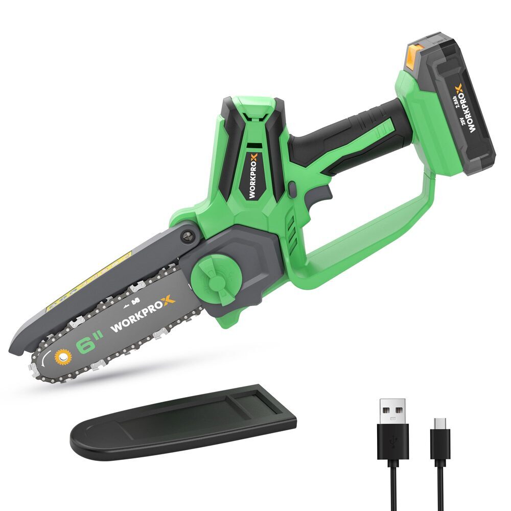 WORKPROX 20V Cordless 6" Mini Chainsaw Electric Pruning Saw Type-C Cable Battery