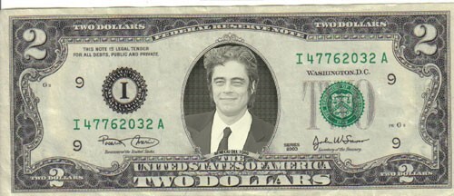 Benicio del Toro $2 Dollar bill Mint real