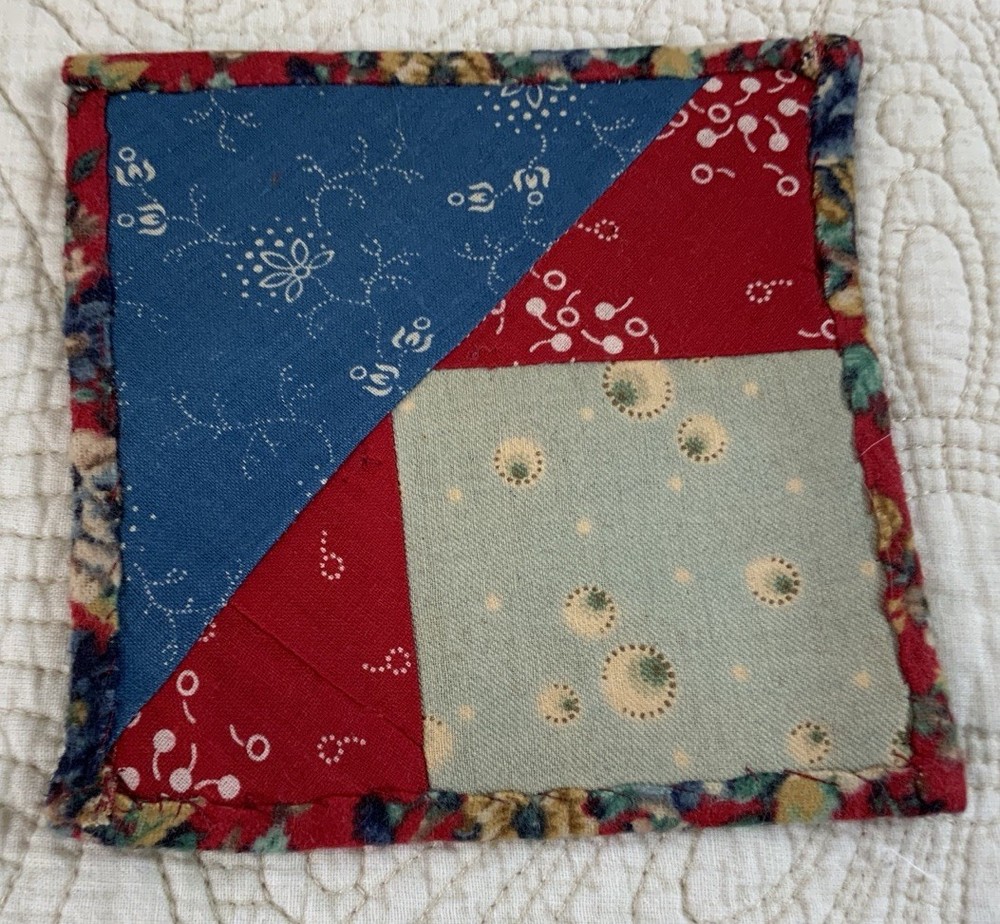 Vintage Patchwork Quilt Small Table Topper, Triangles, Squares, Early Calicos