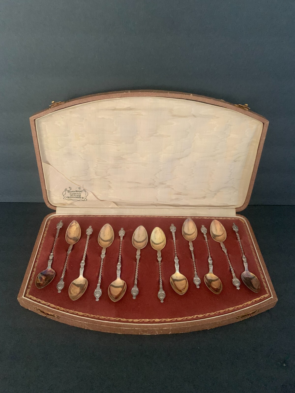 Antique Sterling Silver Set 12 box demitasse spoons Germany 13 mythic portraits