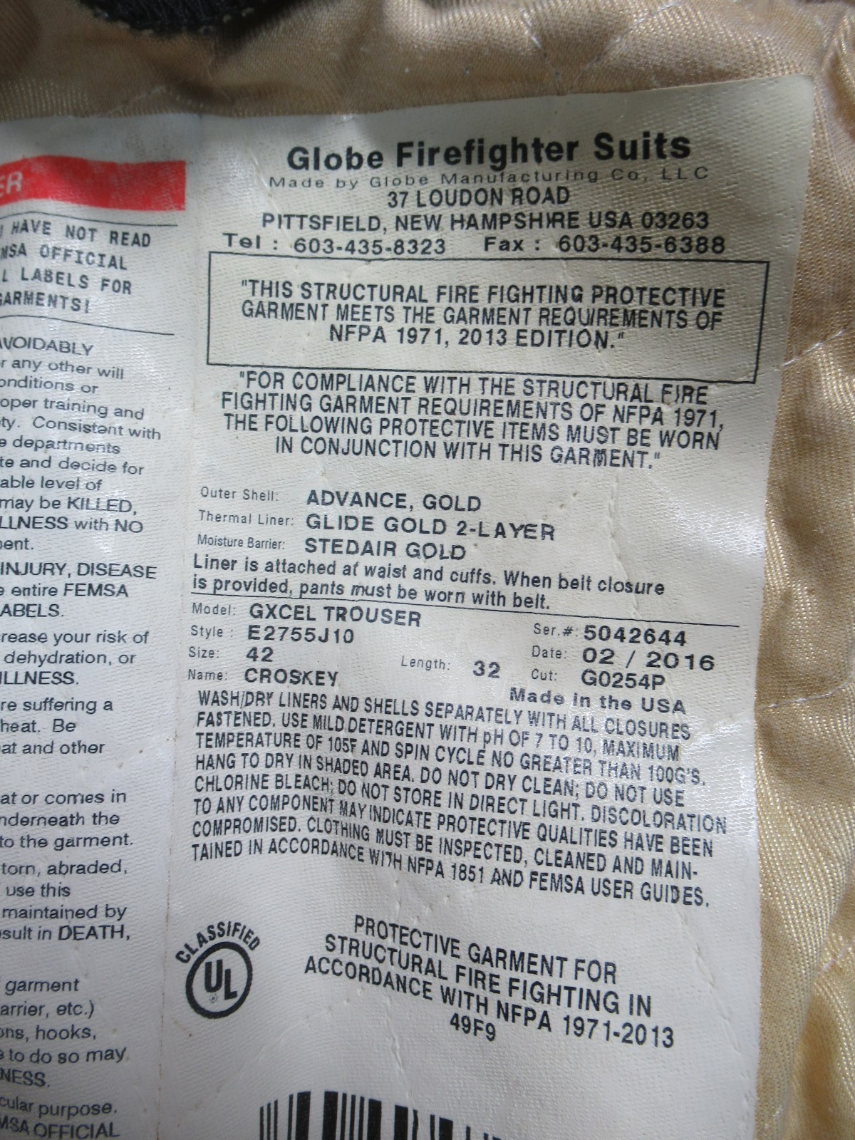 Mfg 2016 GLOBE GXCEL 42 x 32 Firefighter Turnout Bunker Pants FIRE RESCUE GEAR