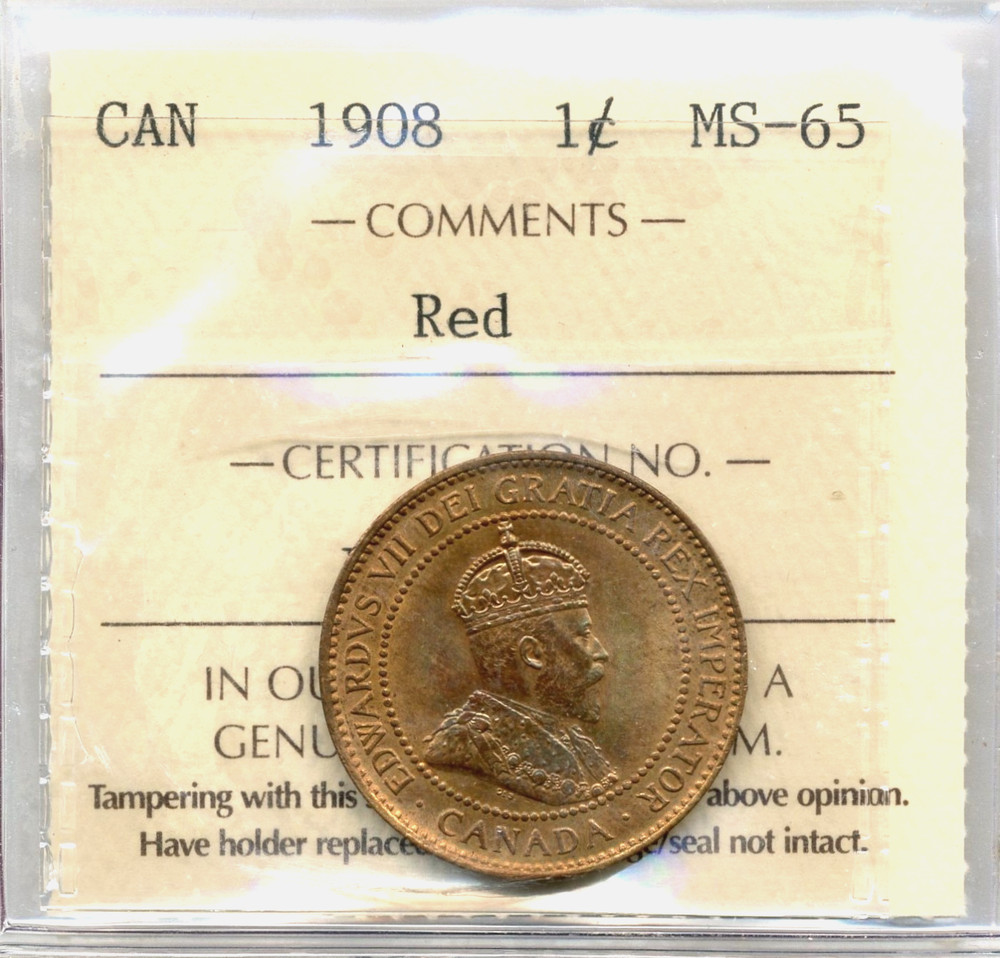 1908 Canada Large Cent - GEM Uncirculated, ICC MS65 RD