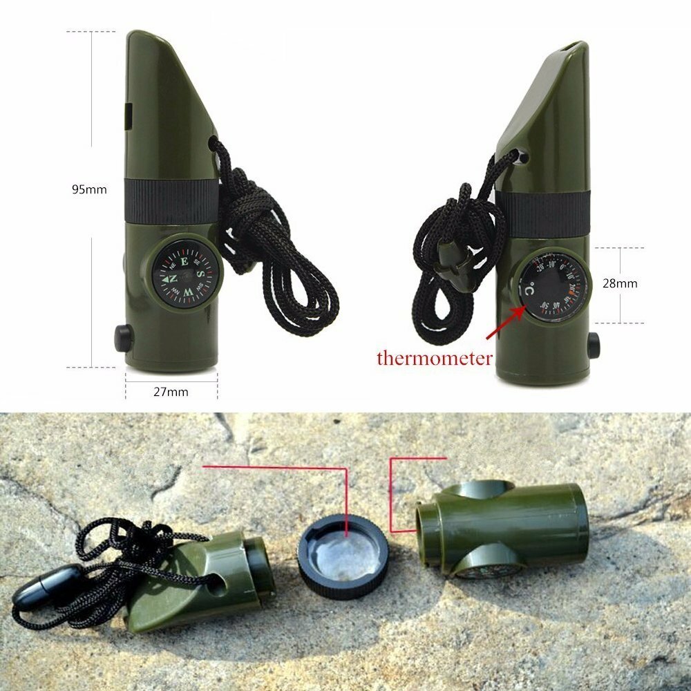 7-in-1 Military Emergency Survival Whistle Kit - Compass, LED Light, Thermometer