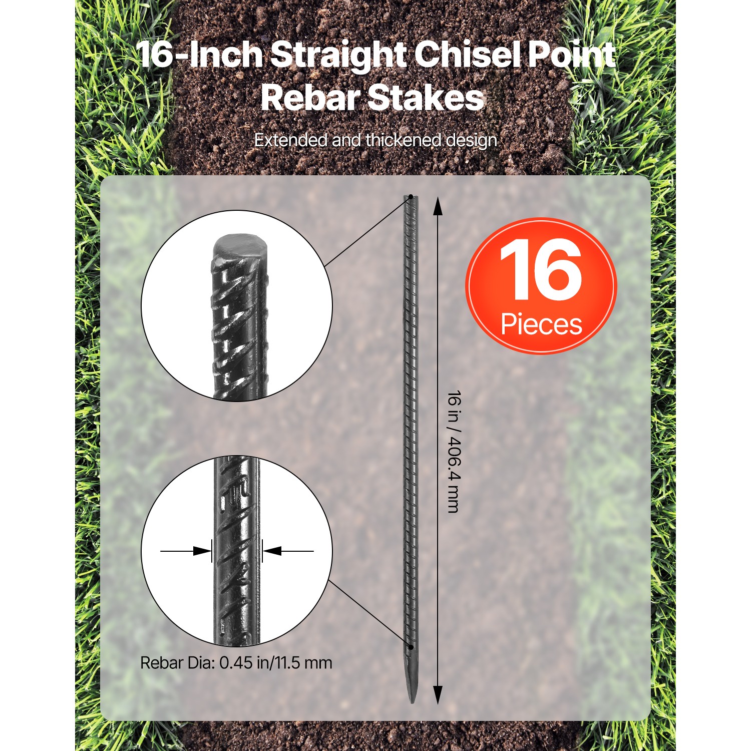 16-Inch 16 Pack Rebar Stakes Heavy Duty Straight Galvanized Steel Ground Anchors