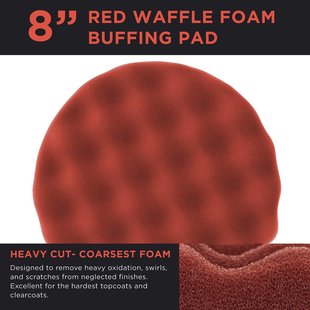 8" Red Waffle Foam Buffing Pad Hook and Loop Backing - Extra Coarse Buffing P...