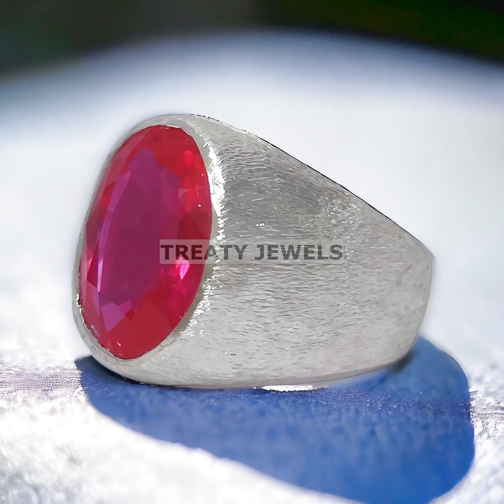 Ruby Oval Cut Gemstone With 14K Solid White Gold Ring For Men's #A17