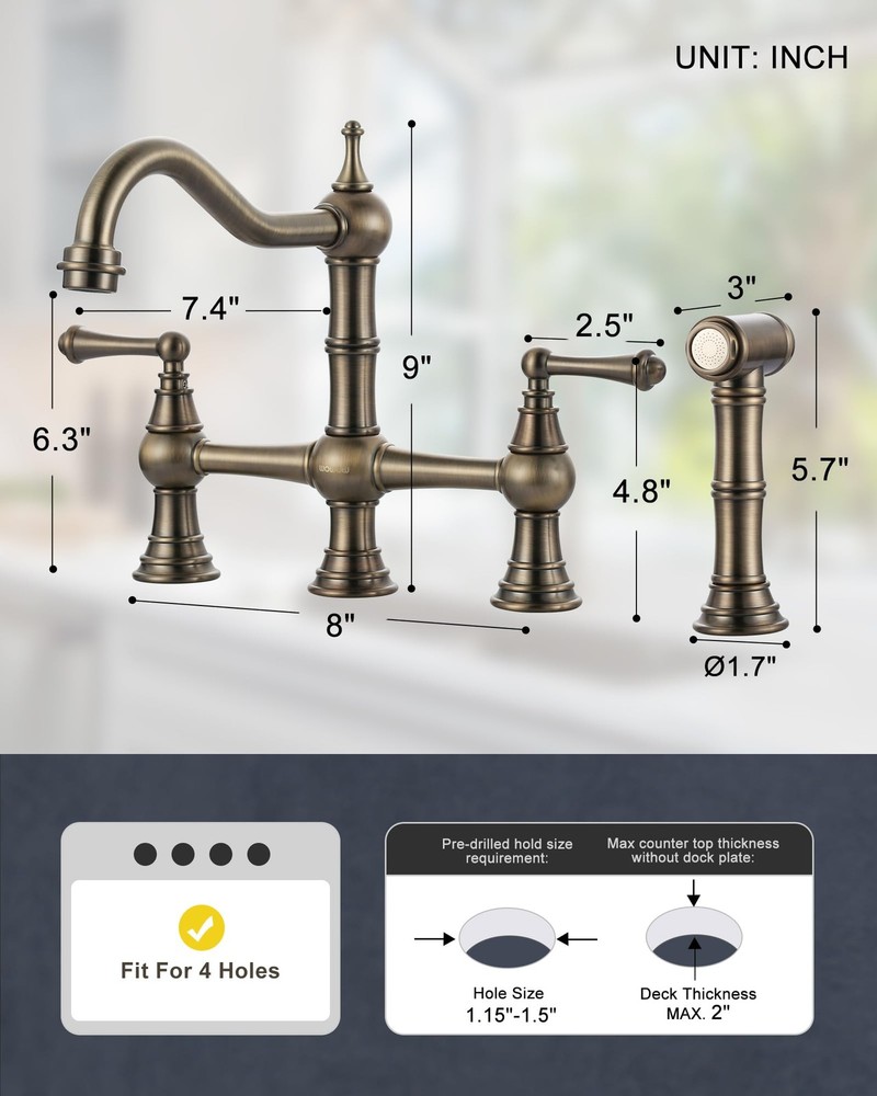 Bridge Kitchen Faucet with Side Sprayer, WOWOW Solid Brass Kitchen Faucet for...