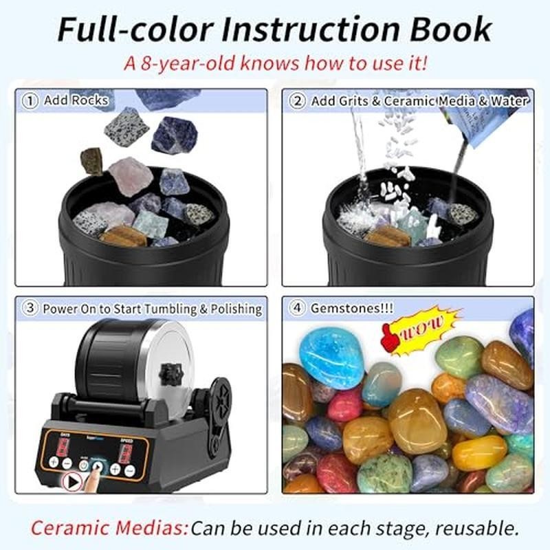 Rock Tumbler Kit Large Capacity Digital Timer Memory Function Full Accessories