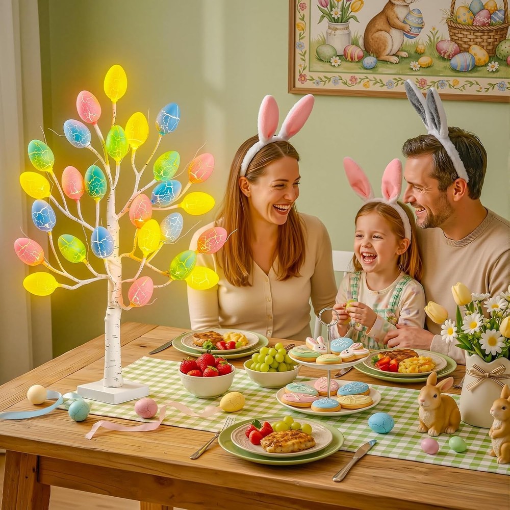 Easter Decorations - 2 FT Artificial Birch Tree with 24 Warm Led Light Colorful