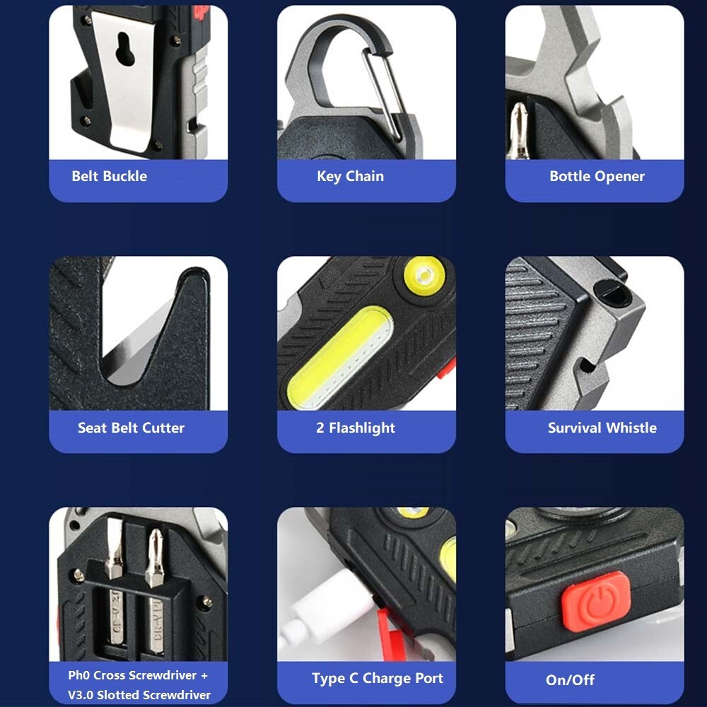 Multifunctional Flashlight 7 In 1 Keychain Led Light Screwdriver Whistle