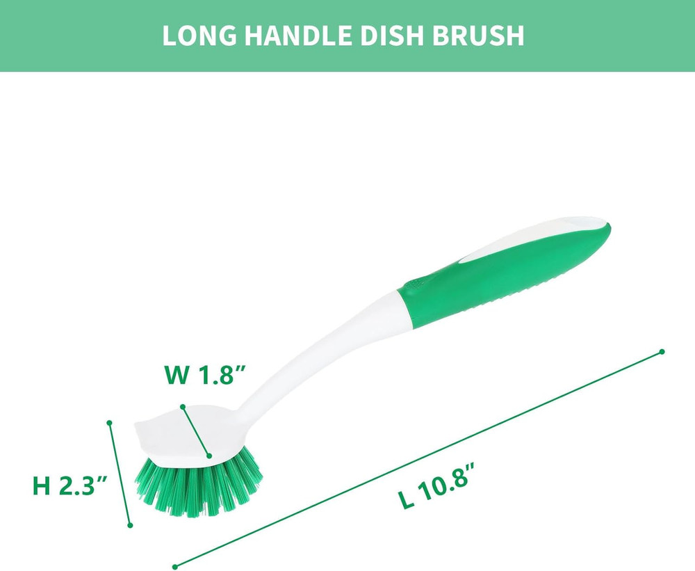 Dish Brush with Handle, 2 Pack Scrub Brushes with Built-In Scraper for Cleaning