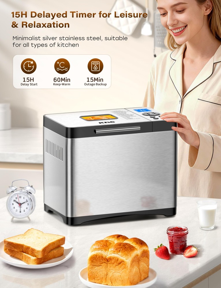 KBS 2LB 19-in-1 Programmable Bread Maker, Stainless Steel Bread Machine with