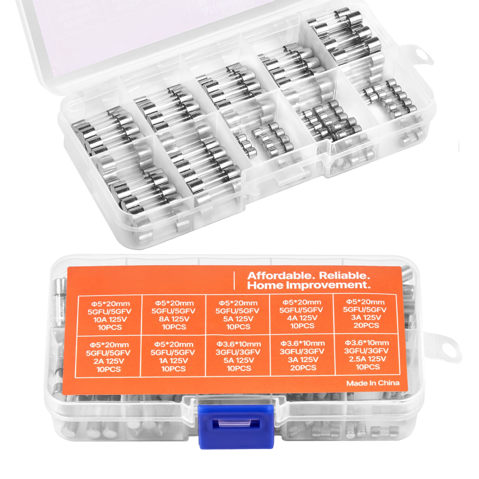120 Pcs Fast-Blow Glass Fuses Assortment Kit 125V 5 x 20 mm & 3.6 x 10 mm