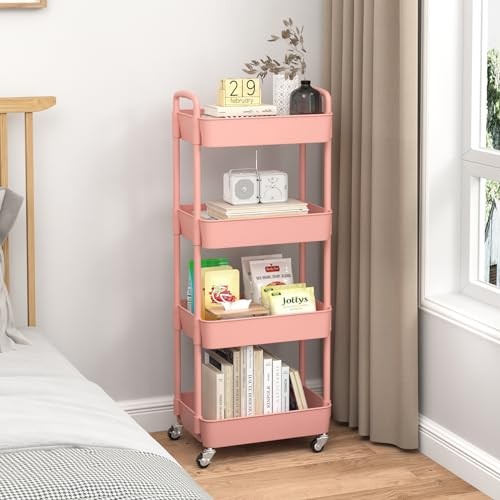4-Tier Plastic Rolling Utility Cart with Handle, Multi-Functional 4-tier Pink