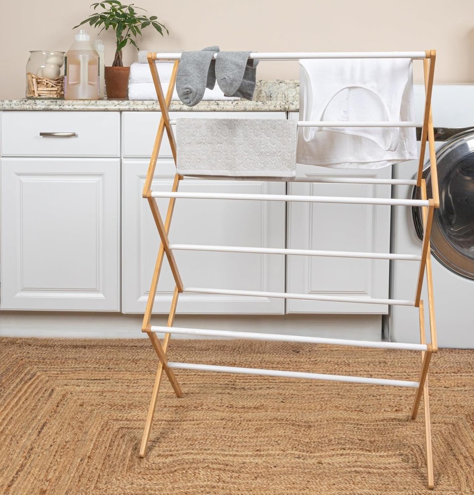 Bamboo Folding Clothes Drying Rack White Finish 11 Dowels & Flat Drying Shelf
