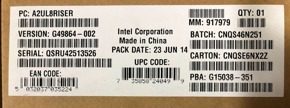Intel A2UL8RISER 3 Slot 2U PCIE Riser NEW BULK PACKAGING