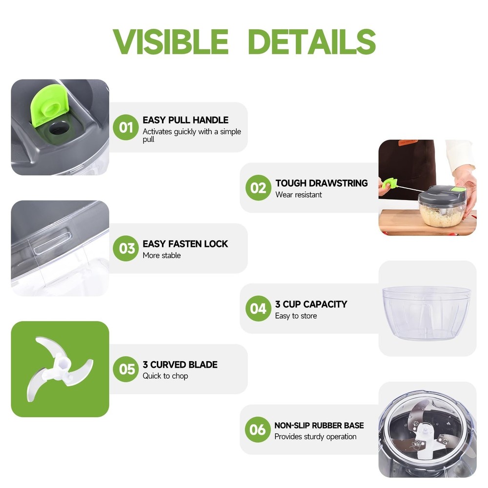 Manual Food Processor Vegetable Chopper, Portable Hand Pull String Garlic Min...
