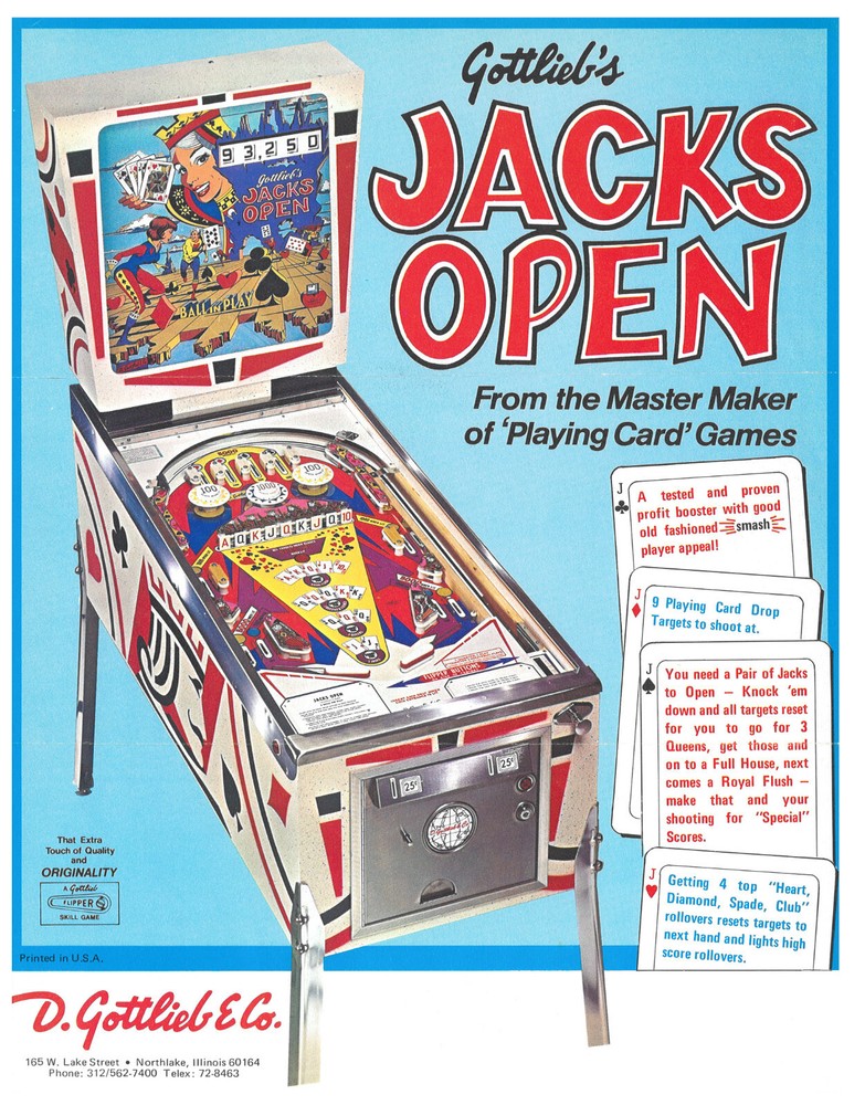 Jacks Open Gottlieb Pinball Flyer / Brochure / Ad - Nice