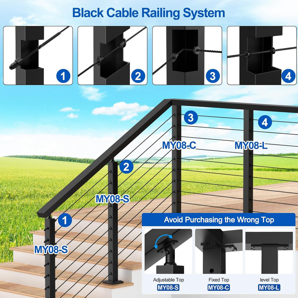 36" Cable Railing Post Kit - 4-8FT Stainless Steel Swageless System