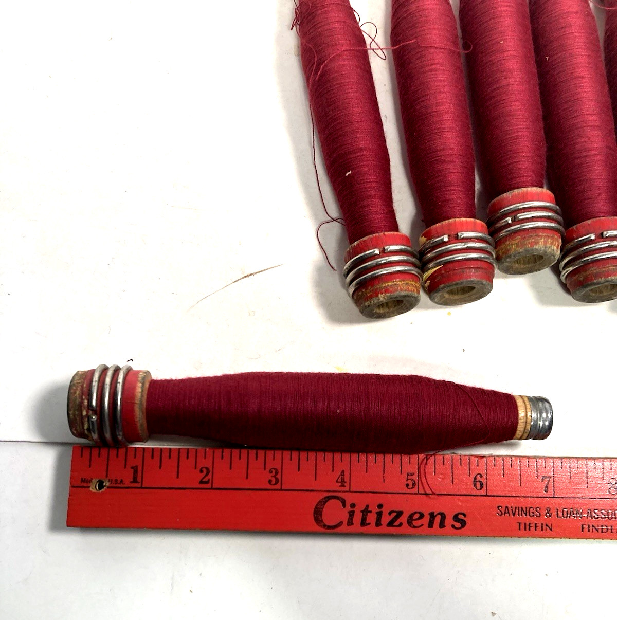 Wrapped Wood Quills, ---ALL RED--, Bobbins, Spools, Threaded, Textile, lot of 30