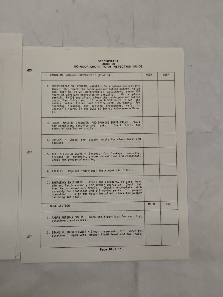 Beechcraft Model Duke 60 100-Hour Short Form Inspection Guide (3-Sets)-Original
