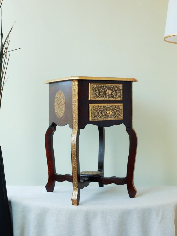 Regal Brass Carved 2 Drawer Side Table