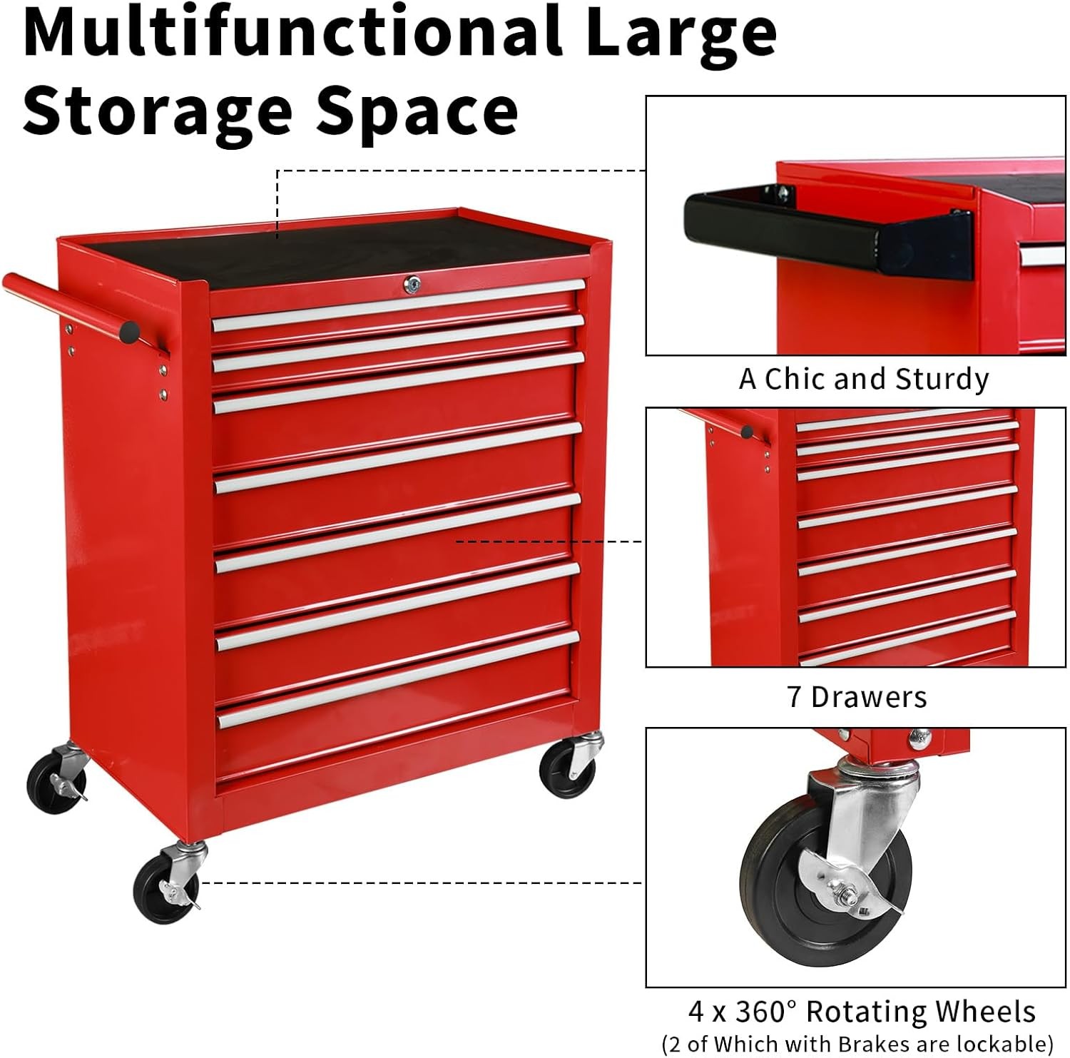 Rolling Tool Chest 7 Drawers, Portable Tool Storage Cabinet with Wheels, Red