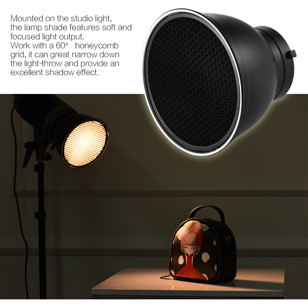 7" Reflector Diffuser Shade Dish w/60° Honeycomb for Bowens Mount E5C7