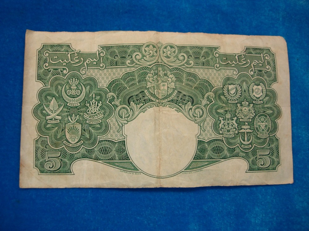 1941 MALAYA & STRAITS SETTLEMENTS FIVE DOLLARS - $5 BANK NOTE - SCARCE NOTE