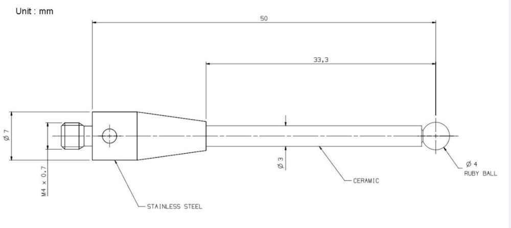 1pc M4 Thread solid Ceramic Stem CMM Touch Probe 4mm Ruby Ball Tips L50mm