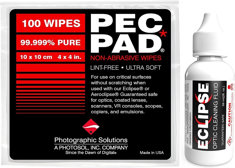 ECLIPSE 2oz OPTIC CLEANING FLUID & 4x4" PEC PAD 100 PACK  PHOTOGRAPHIC SOLUTIONS